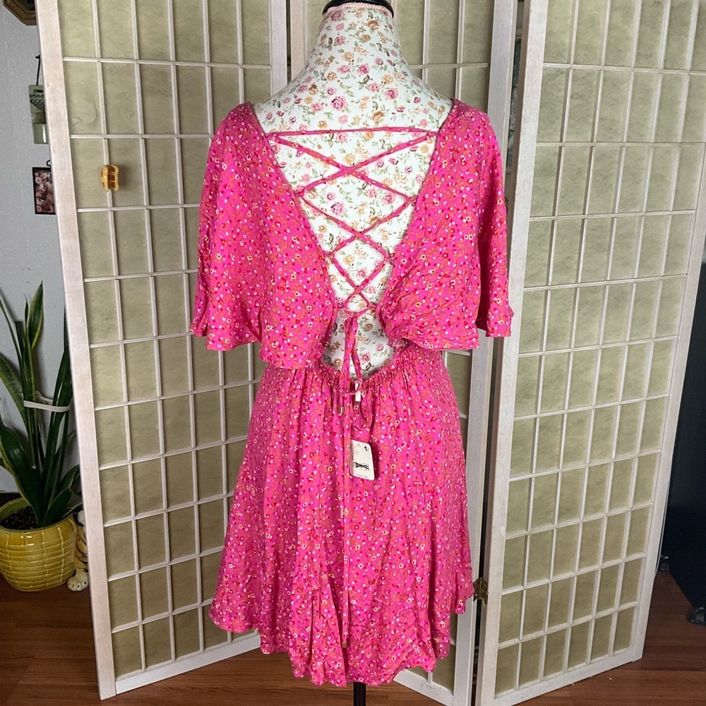 Free People Florence Mini Dress Pink Floral Lace Back Smocked